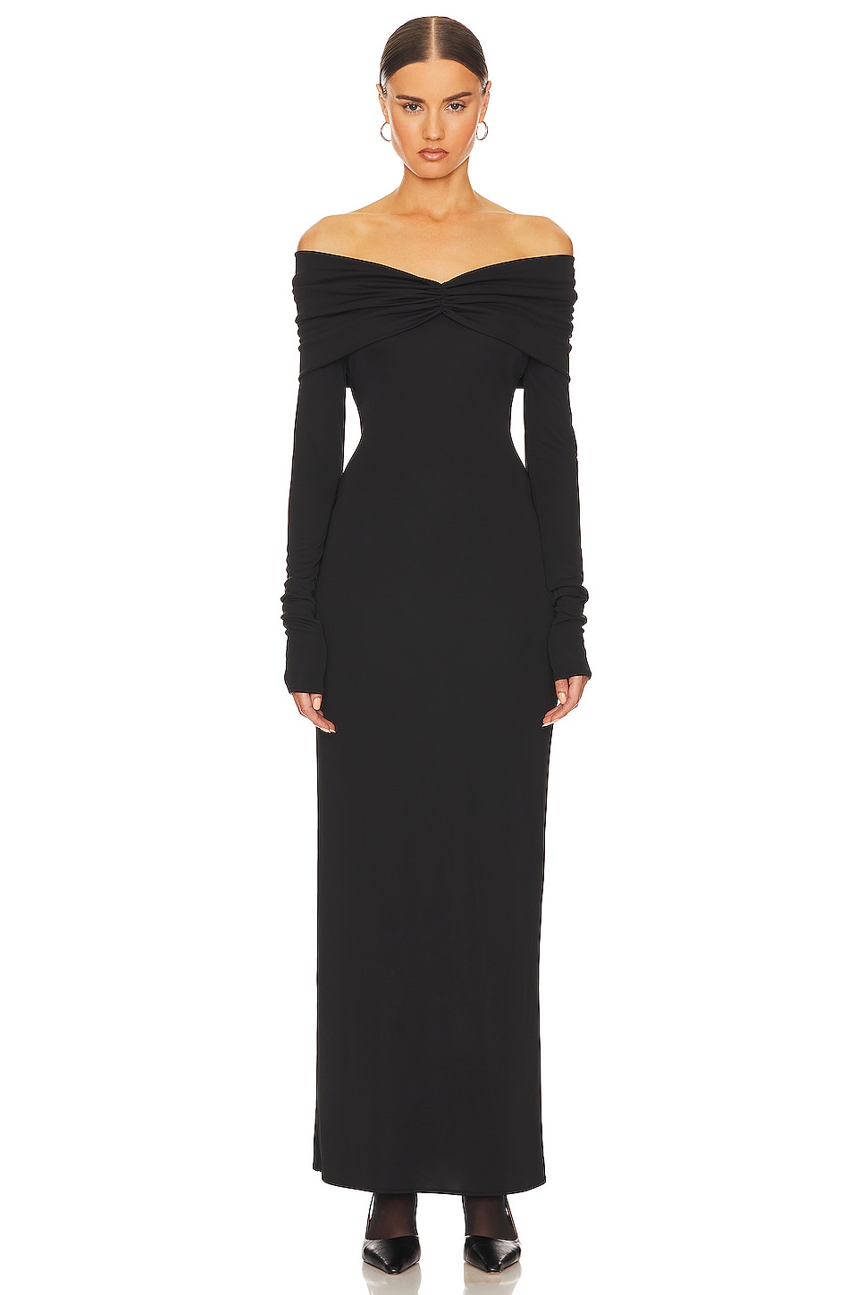 Helsa Matte Jersey Off Shoulder Maxi Dress in Black | REVOLVE