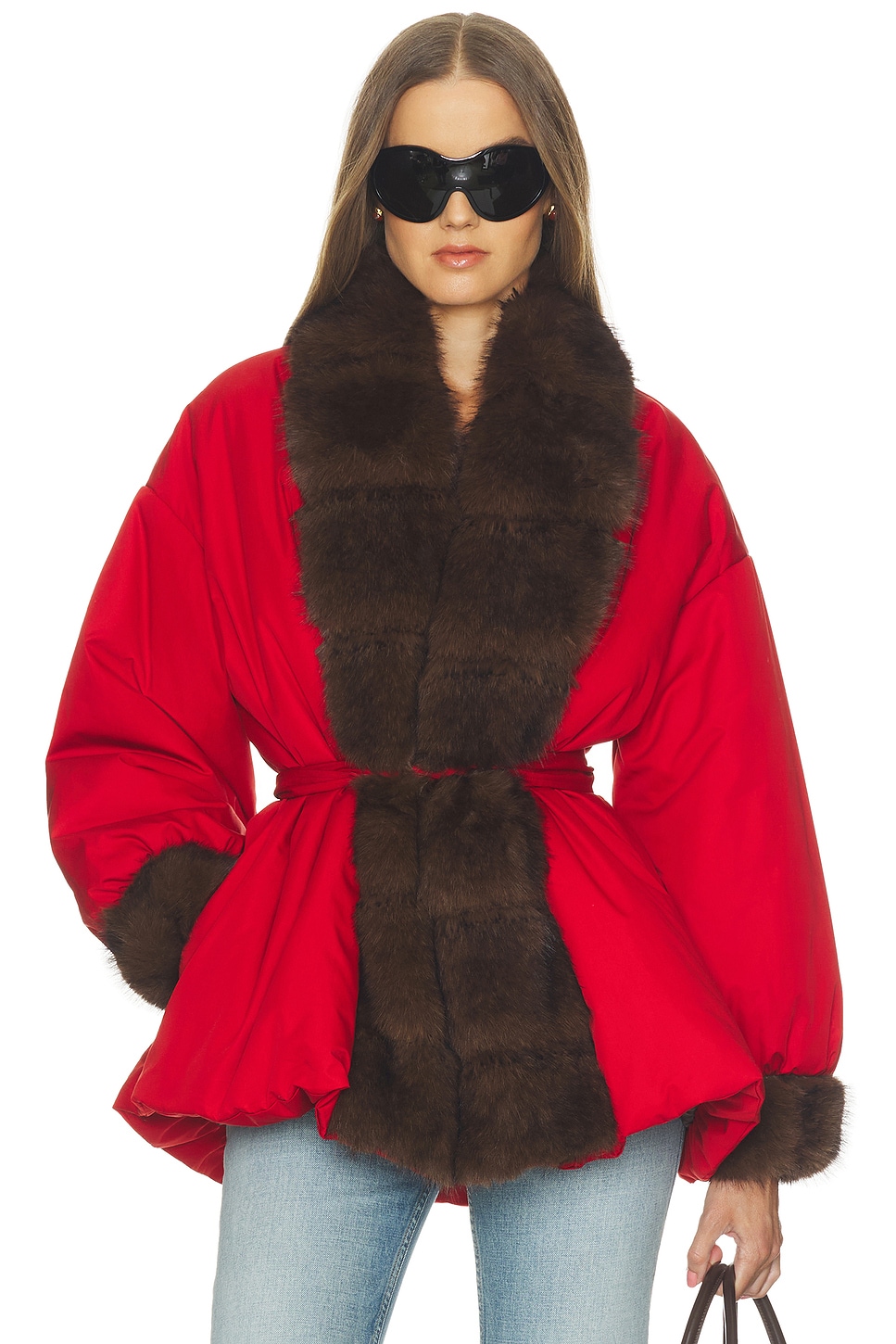 Helsa Bubbled Puffer with Faux Fur in Red/Darkest Brown