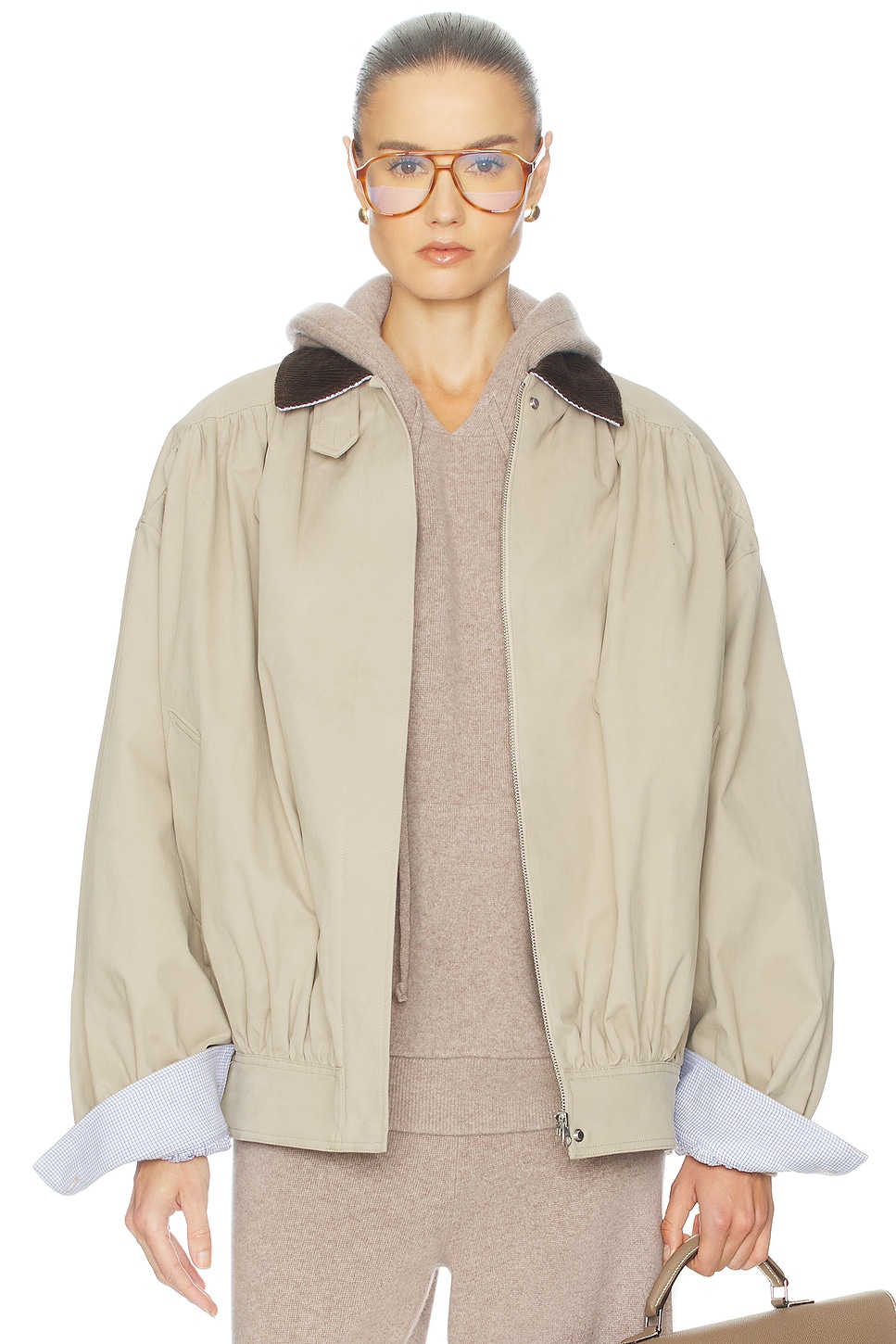 Helsa The Shirred Bomber Jacket With Corduroy Collar in Sandstone