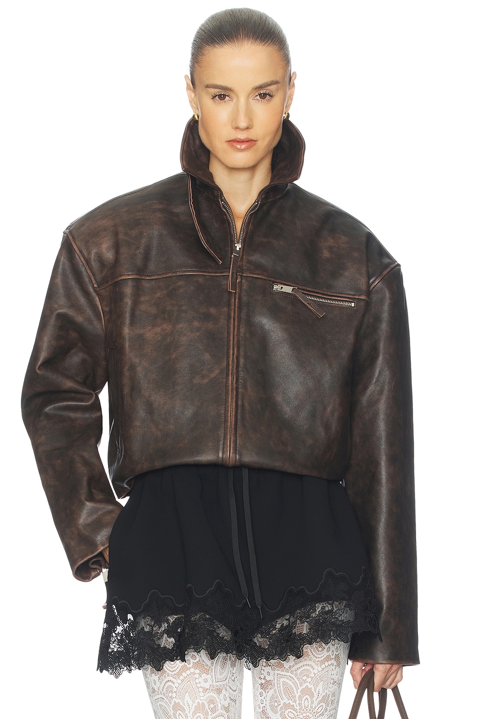 Helsa The Leather Oversized Moto Jacket in Brown Distressed | REVOLVE
