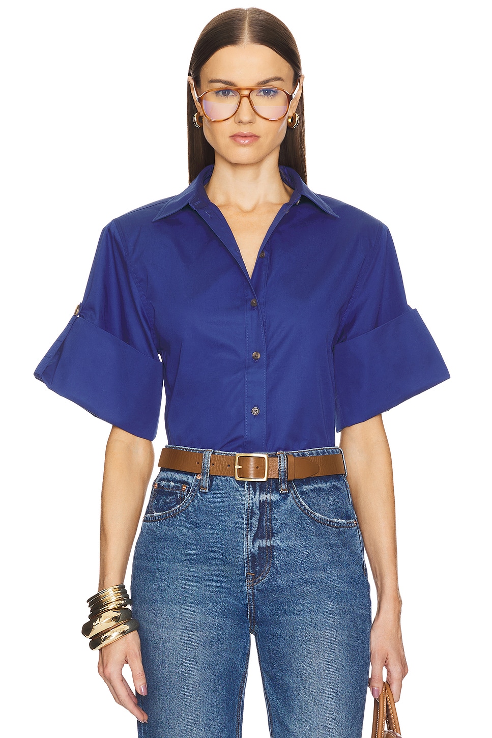 Helsa Bold Shoulder Shirt in Workman Blue REVOLVE