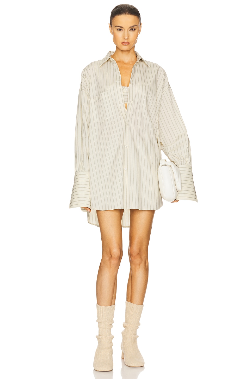 Helsa Pinstripe Poplin Oversized Shirt in Cream & Black Stripe