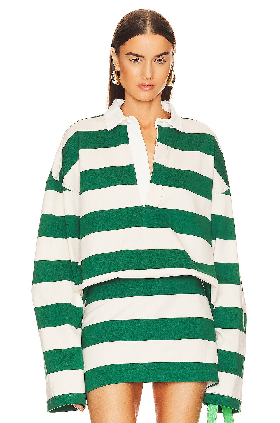 Helsa Oversized Rugby Shirt in Green & Ivory Stripe REVOLVE