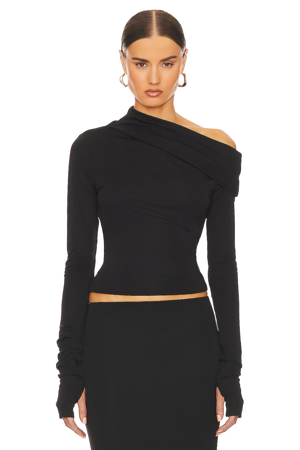 Helsa Matte Jersey Drape Shoulder Top in Black | REVOLVE