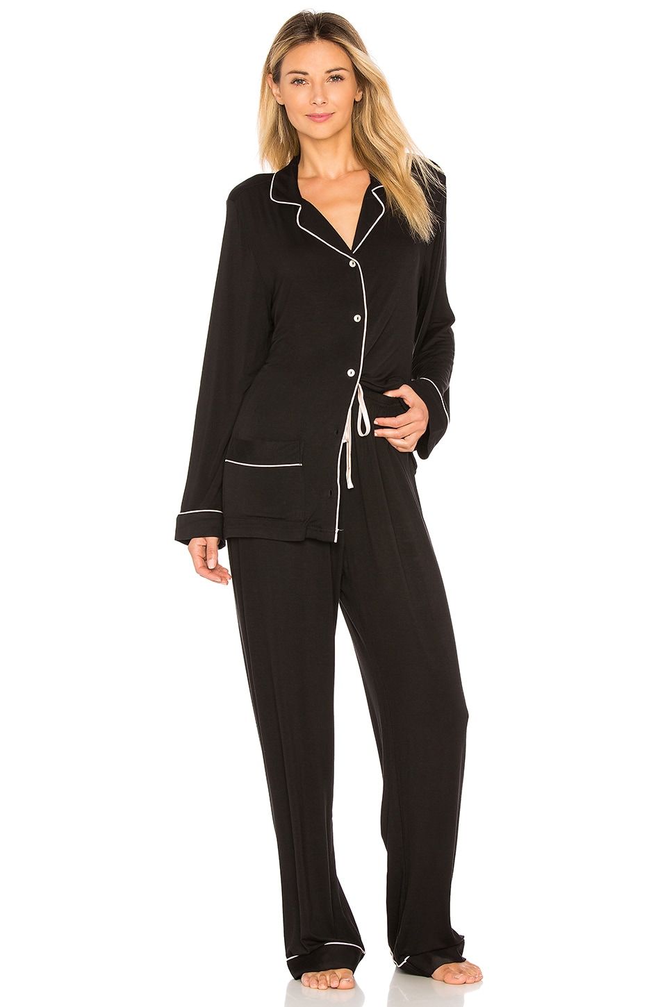 homebodii Aria Long Piping PJ Set in Black | REVOLVE