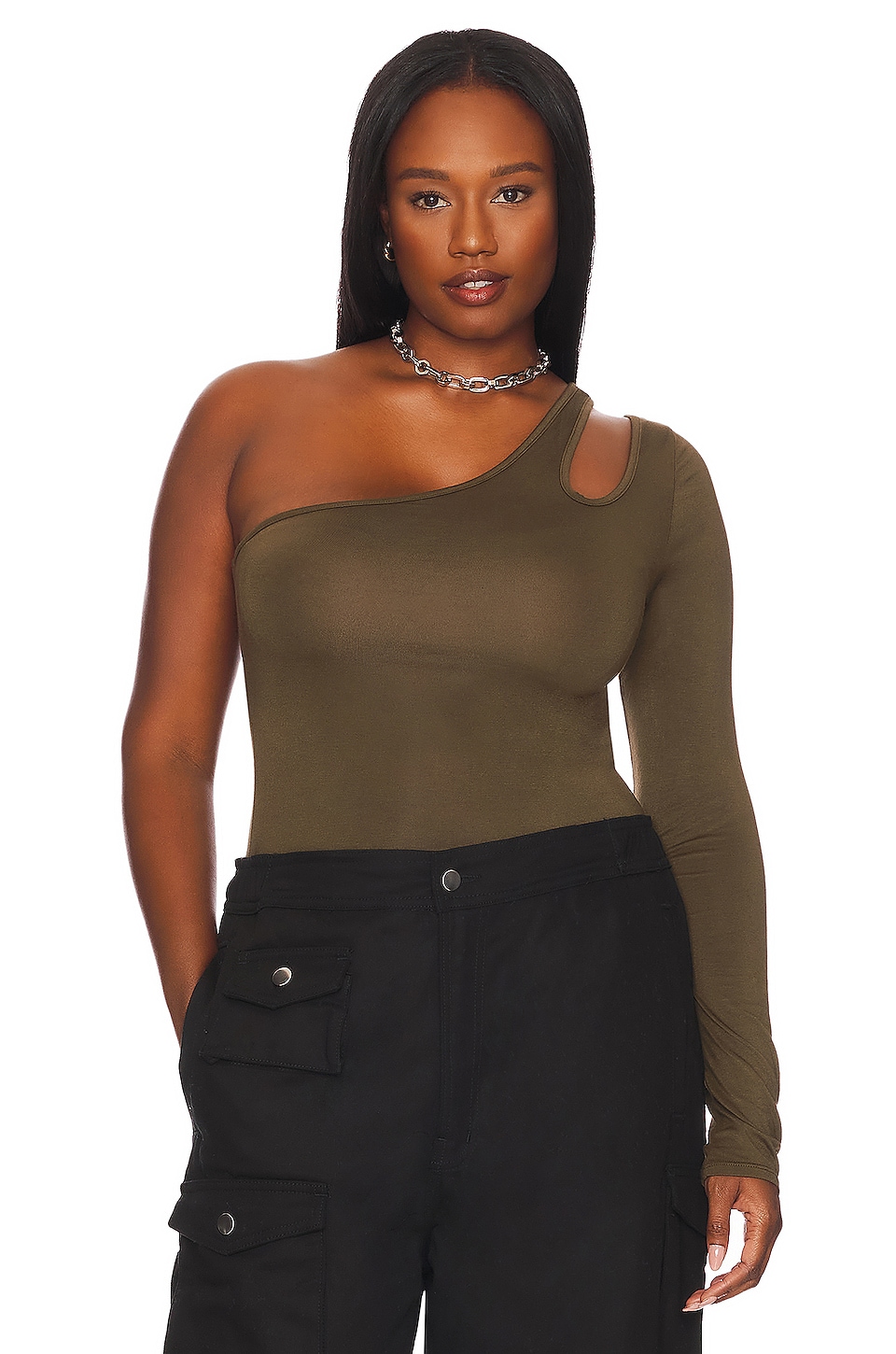 Hudson Jeans X Zoe Costello Asymmetrical Bodysuit in Olive Night