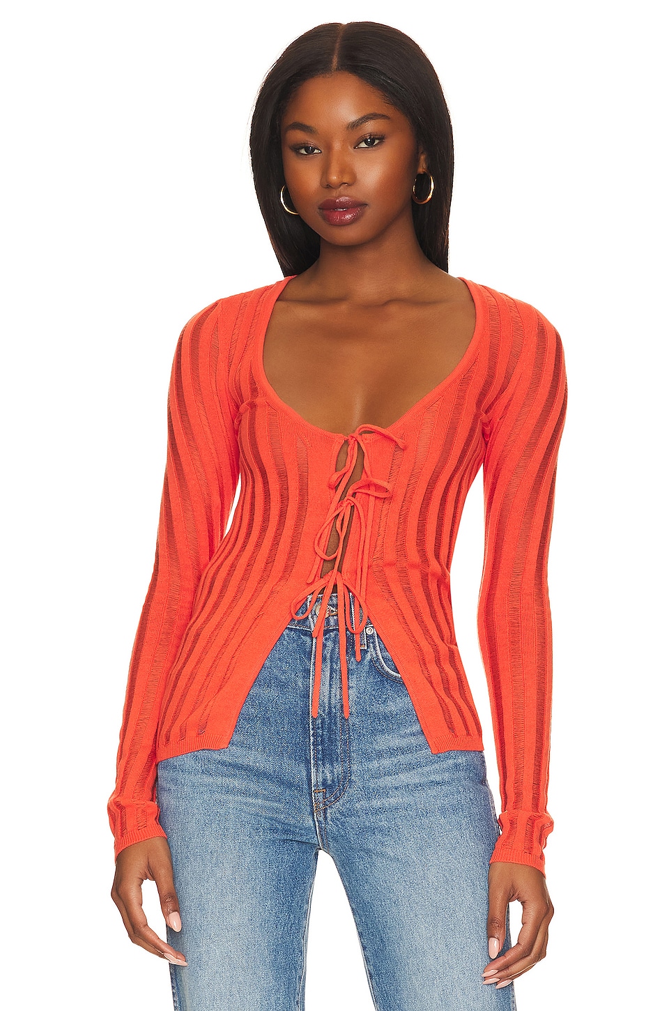 h:ours Marissa Sheer Rib Cardi with Ties in Tangerine | REVOLVE