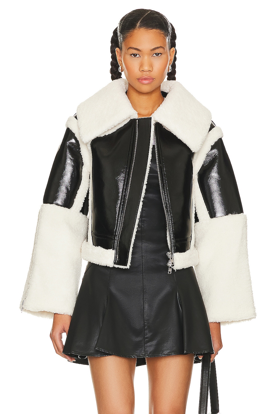 h:ours Lalita Faux Shearling Leather Jacket in Black & Ivory