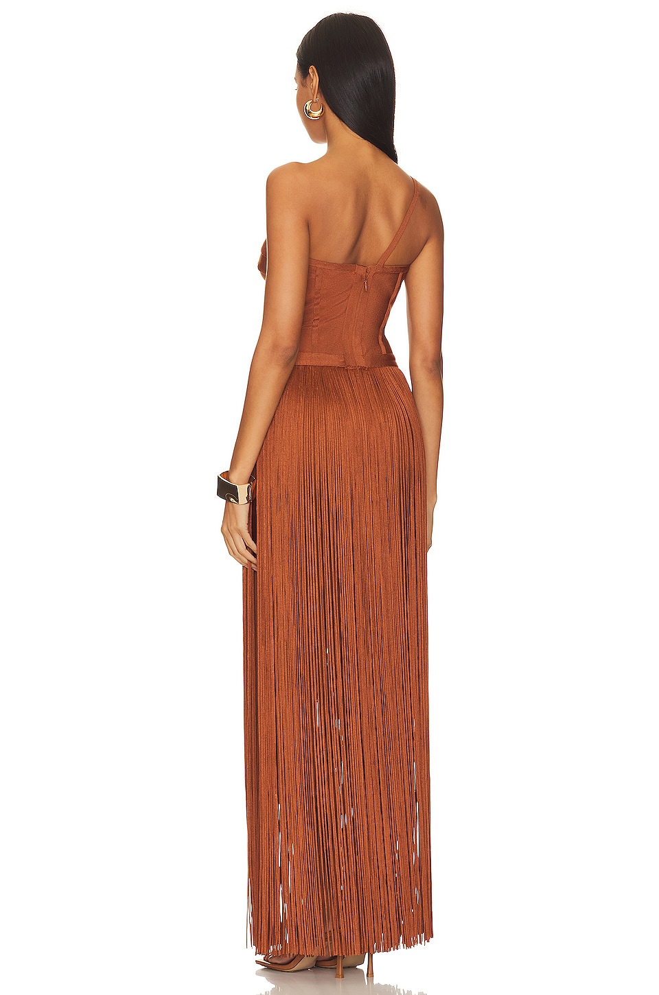 Herve Leger Draped Fringe One Shoulder Gown in Ginger | REVOLVE