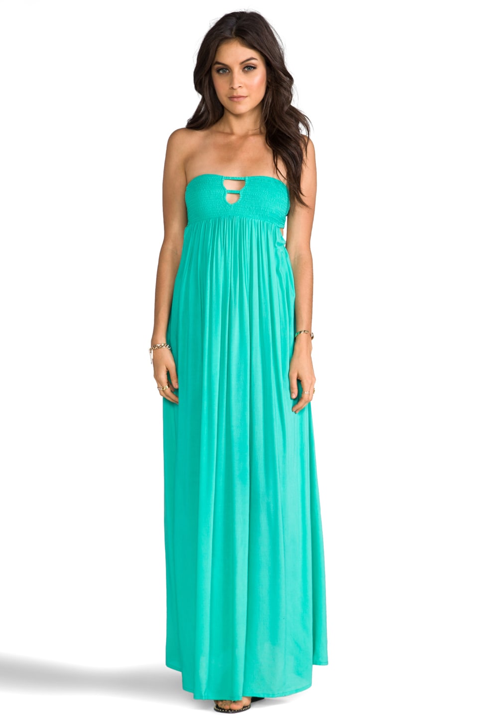 smocked bandeau maxi dress