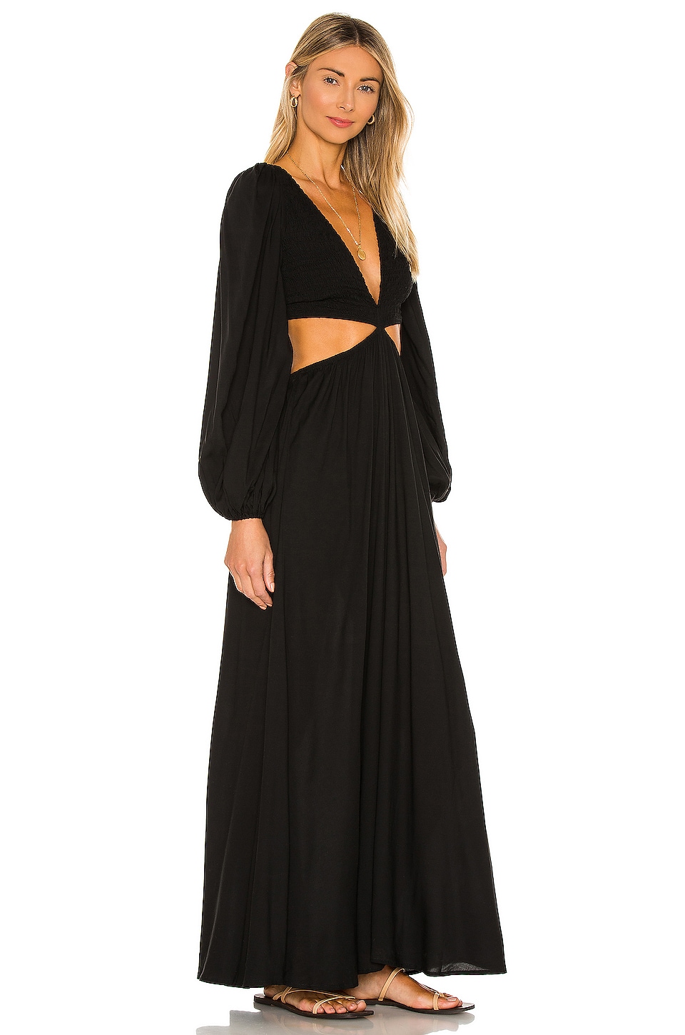 Indah Julie Solid Ruched Bodice Cutaway Maxi Dress in Black
