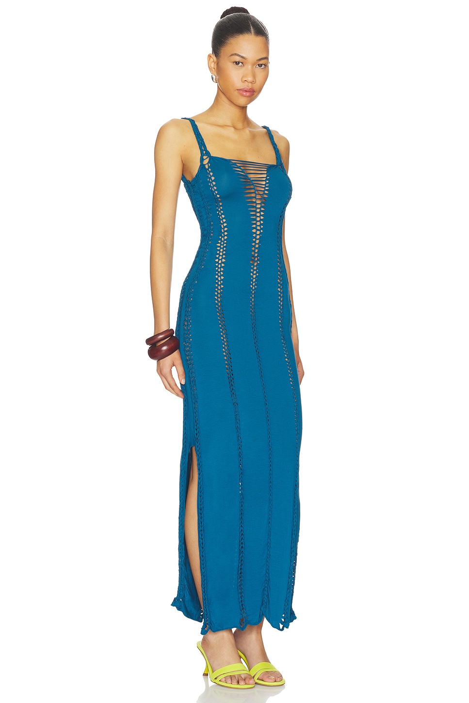 Soren Solid Maxi Slash Dress With Macrame Trim - thumbnail 3