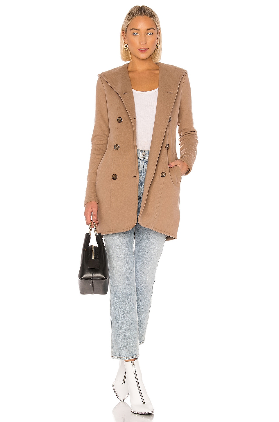 James Perse Double Breasted Hoodie Coat in Camel | REVOLVE