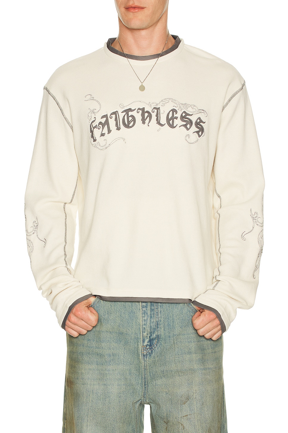 Jaded London Faithless Rib Cross Applique Long Sleeve Tee in Cream