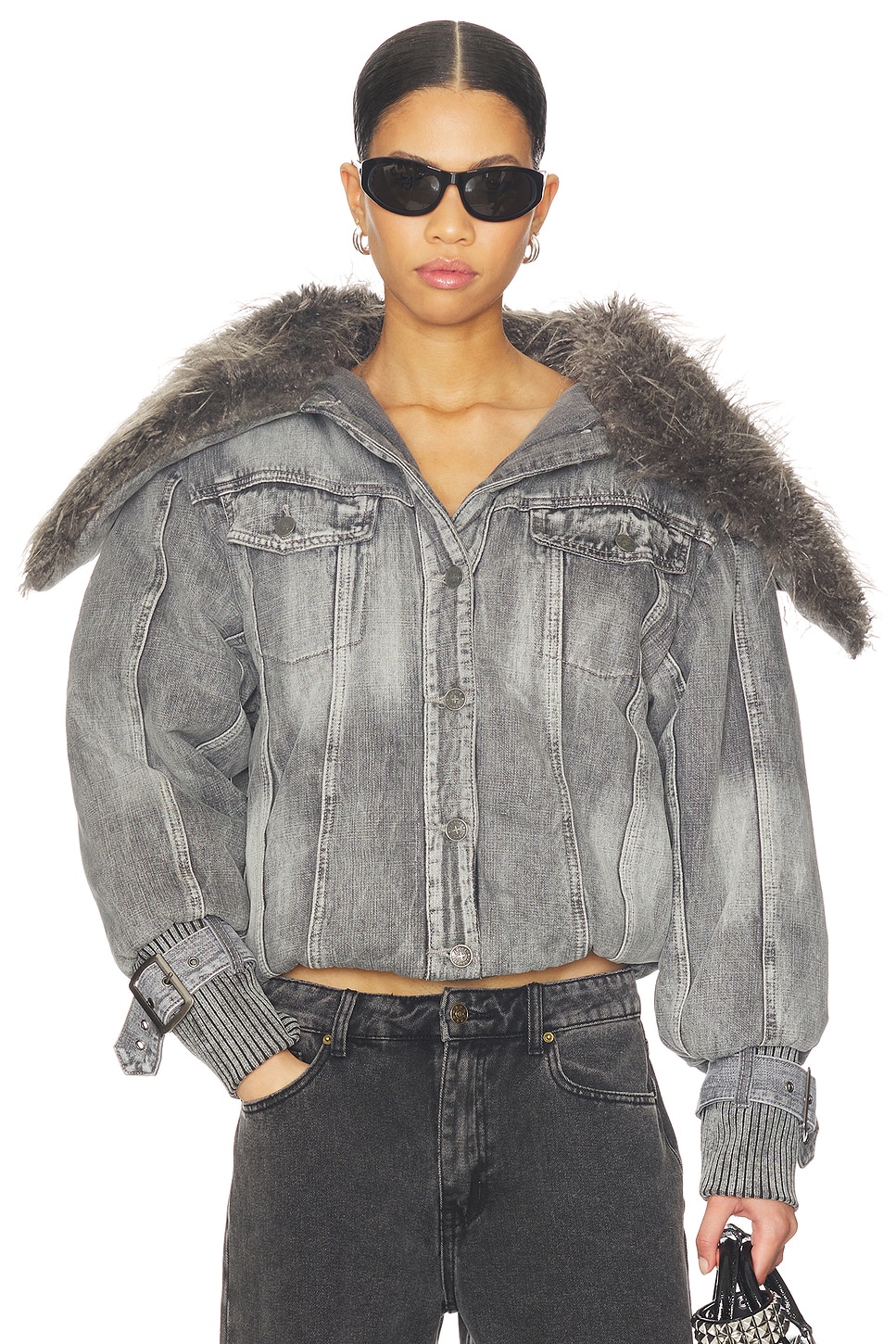 Jaded London Alloy Denim Bomber Jacket With Faux Fur Collar in