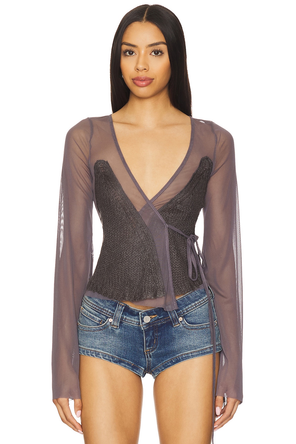 Jaded London Mesh & Knit Wrap Top in Black