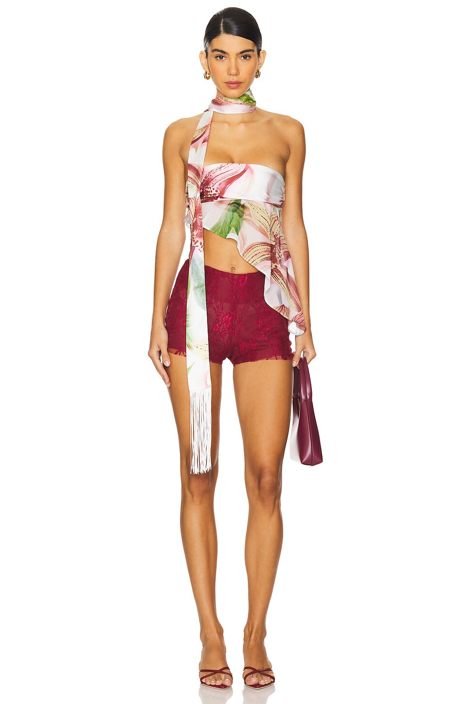 Satin Mesh Tube Top With Scarf