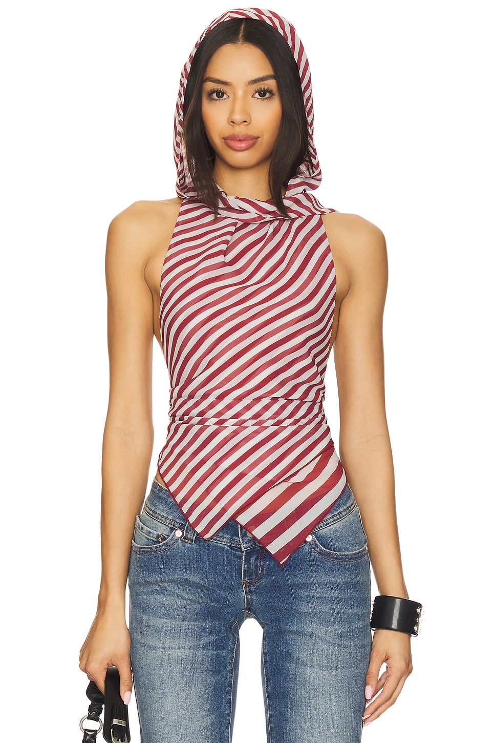 Jaded London Backless Hooded Chiffon Top in Black in Red and