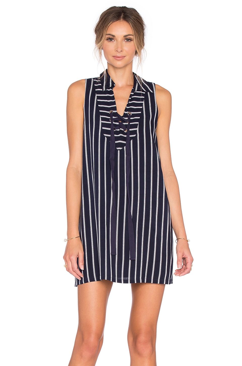 J.O.A. Lace Up Stripe Mini Dress in Navy | REVOLVE