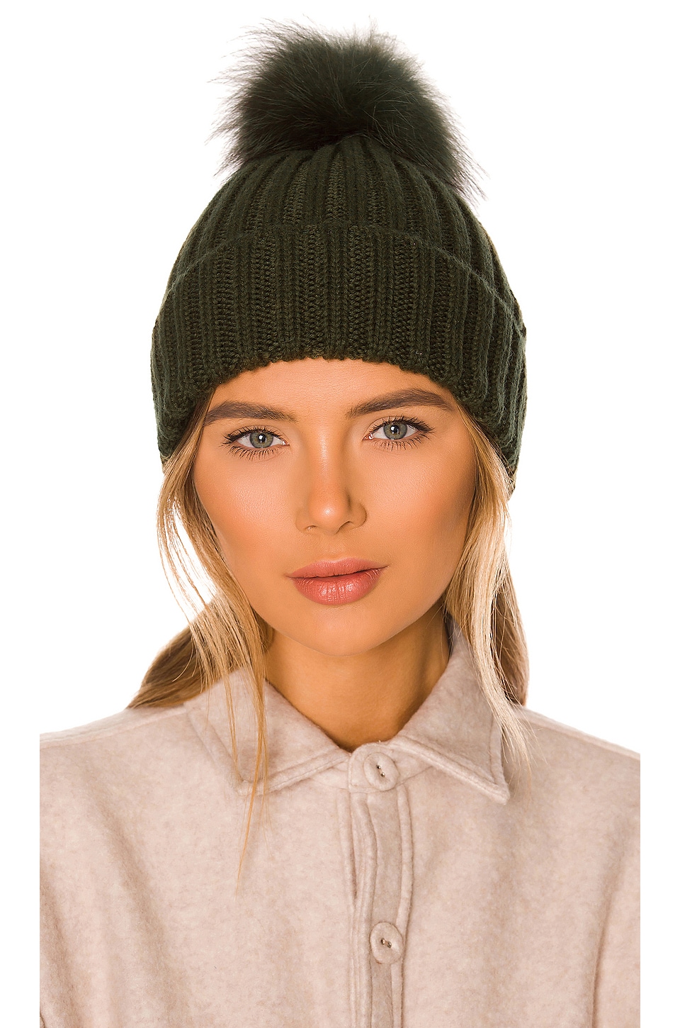 jocelyn Fox Pom Knit Hat in Olive | REVOLVE
