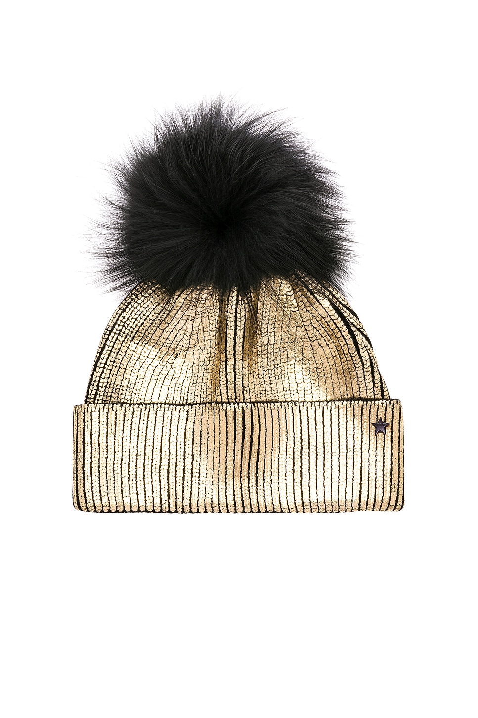 jocelyn Fox Fur Pom Beanie in Gold Metallic | REVOLVE