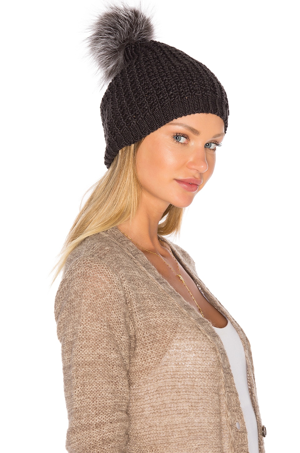 Jocelyn Silver Fox Pom Knit Hat In Dark Grey Revolve