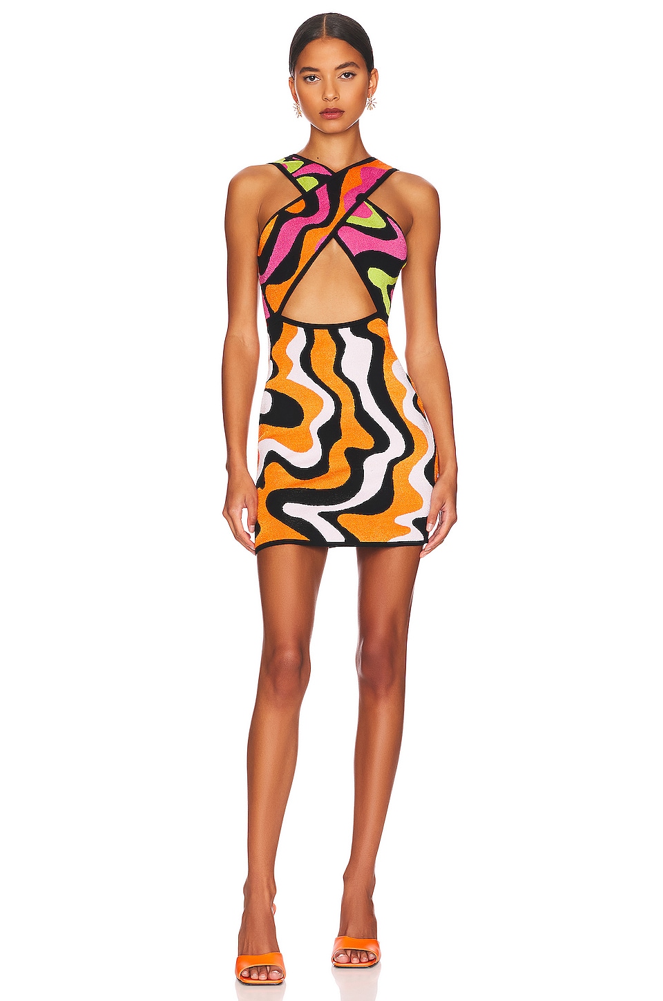 Image 1 of Cher Butterfly Dress in Taffy, Carrot, Pear, Black & White