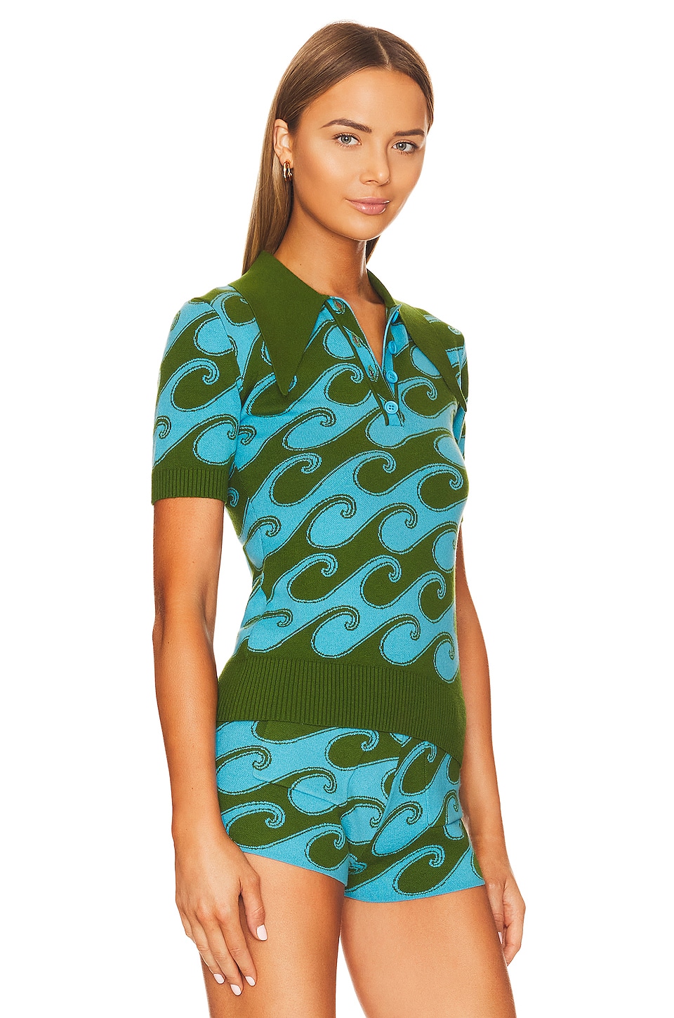 JoosTricot Peachskin Short Sleeve Polo in Aqua & Palm Waves
