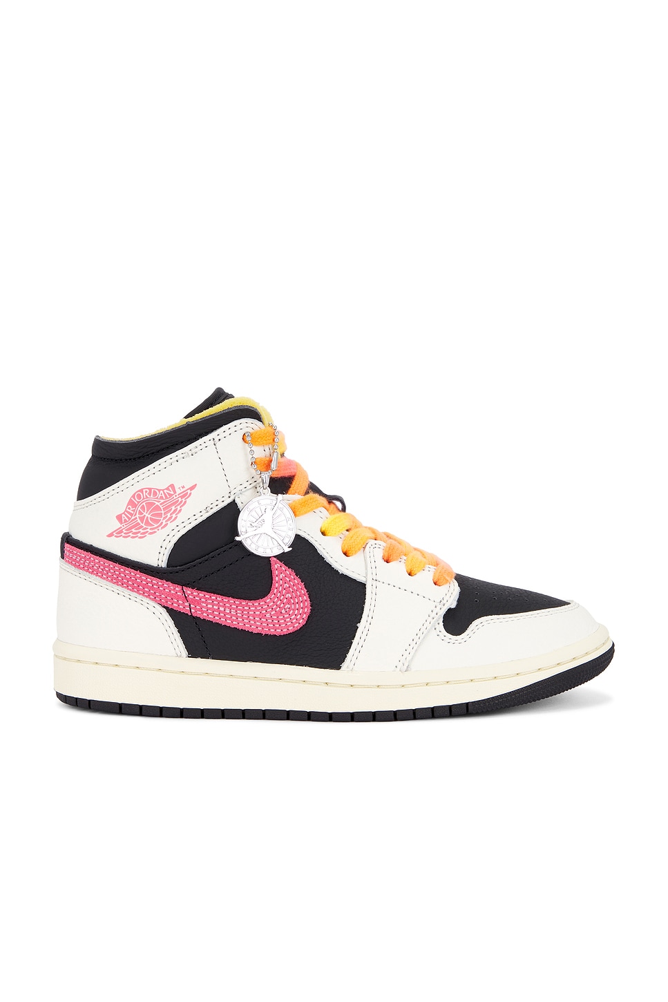 Jordan White Leather High-Top Sneakers with Black, Pink & Neon Yellow Accents Jordan Kids Jordan 1 Mid  main image 3