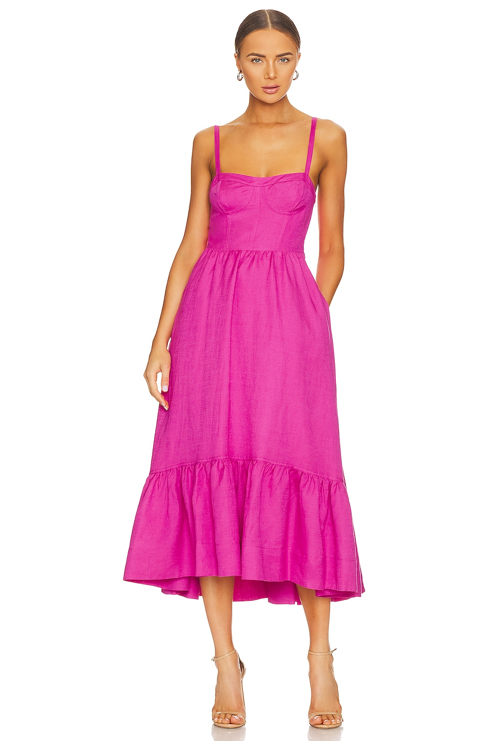 SIMKHAI Kitzia Linen Cover Ups Bustier Midi Dress in Dragon Fruit | REVOLVE