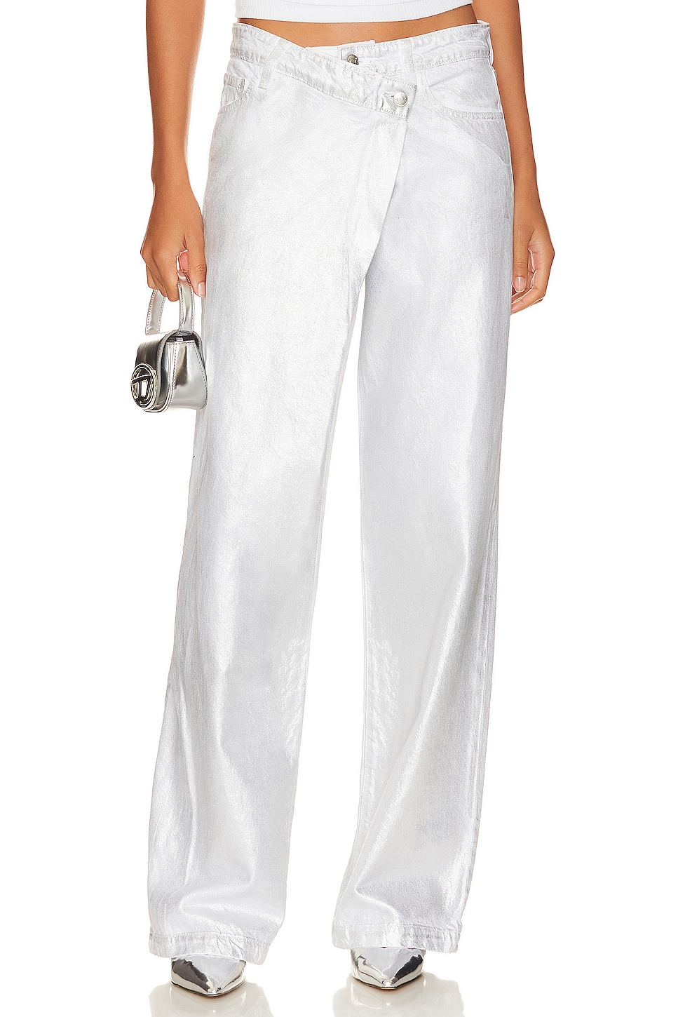 SIMKHAI Casey Overlap Wide Leg Jean in Silver Foil | REVOLVE