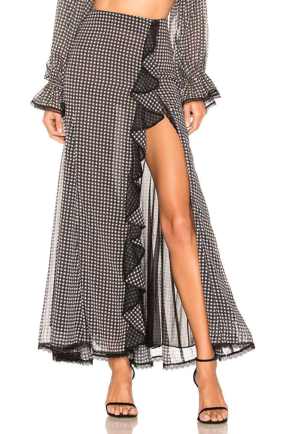 Jonathan Simkhai Skirts Gingham Ruffle Slit Maxi Skirt