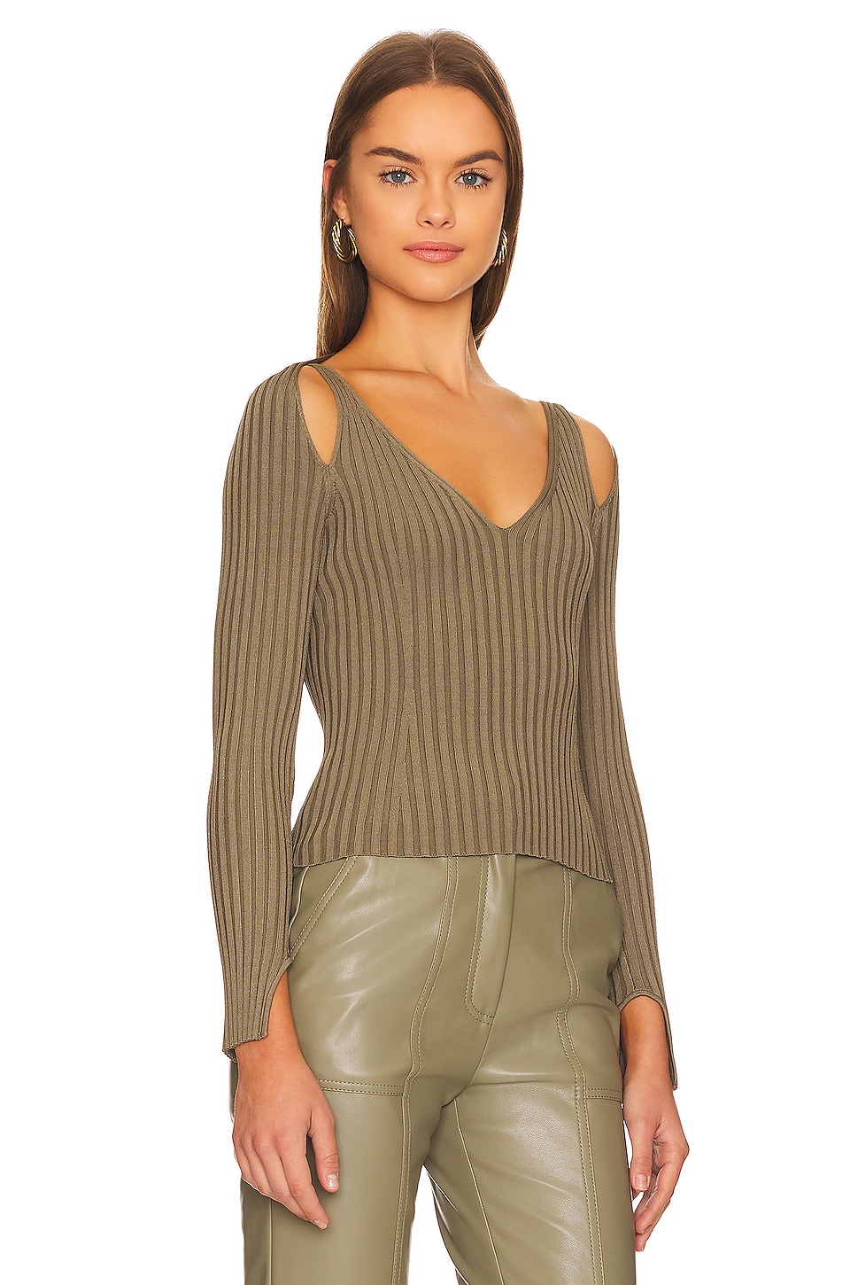 SIMKHAI Sylvie Long Sleeve Cold Shoulder Halter Top in Olivine