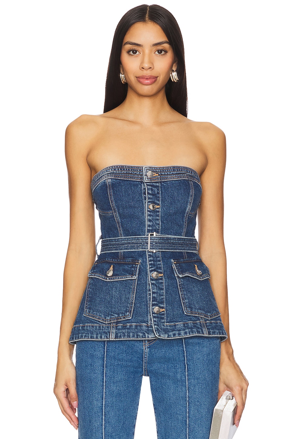 送料無料 SIMKHAI REVOLVE | Wash Marine in Top Bustier Belted Cyan トップス