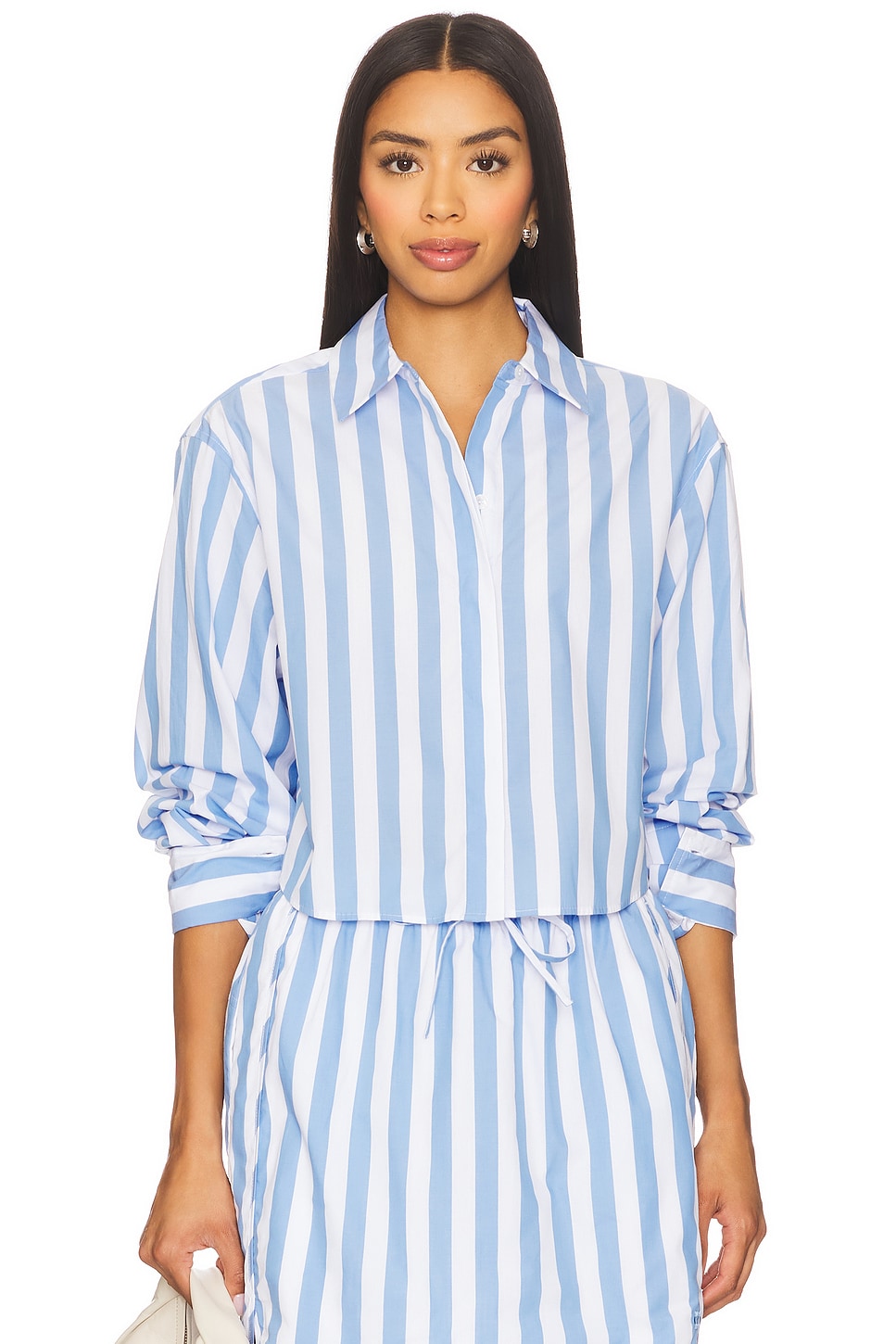 SIMKHAI Renata Cropped Button Down Shirt in French Blue Stripe | REVOLVE