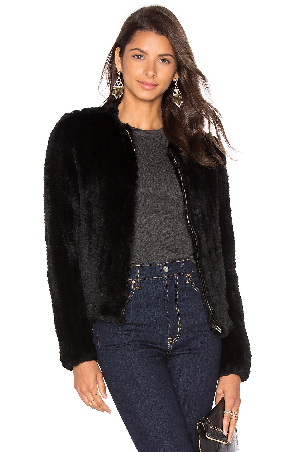 june 拉链兔皮针织夹克 – black | revolve