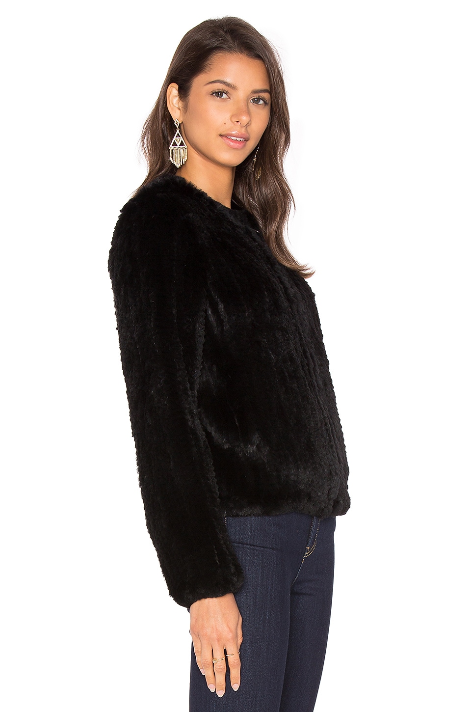 JUNE Zip Rabbit Fur Knitted Jacket, Black | ModeSens
