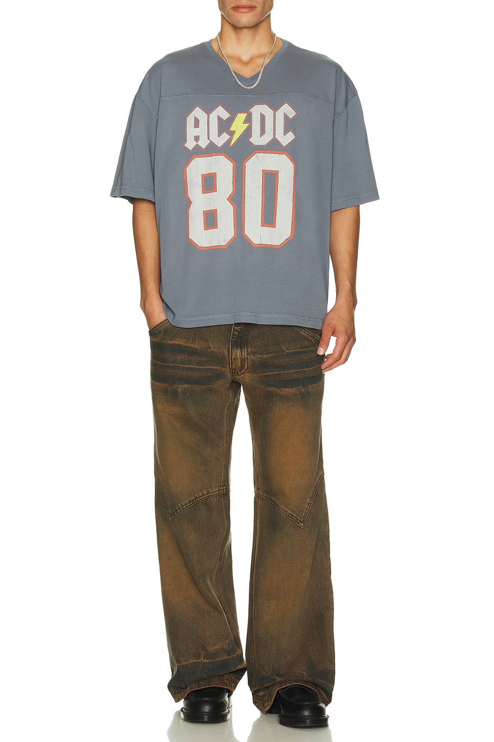 Junk Food ACDC Back In Black Tour V-Neck Yoke Tee in Deep Indigo