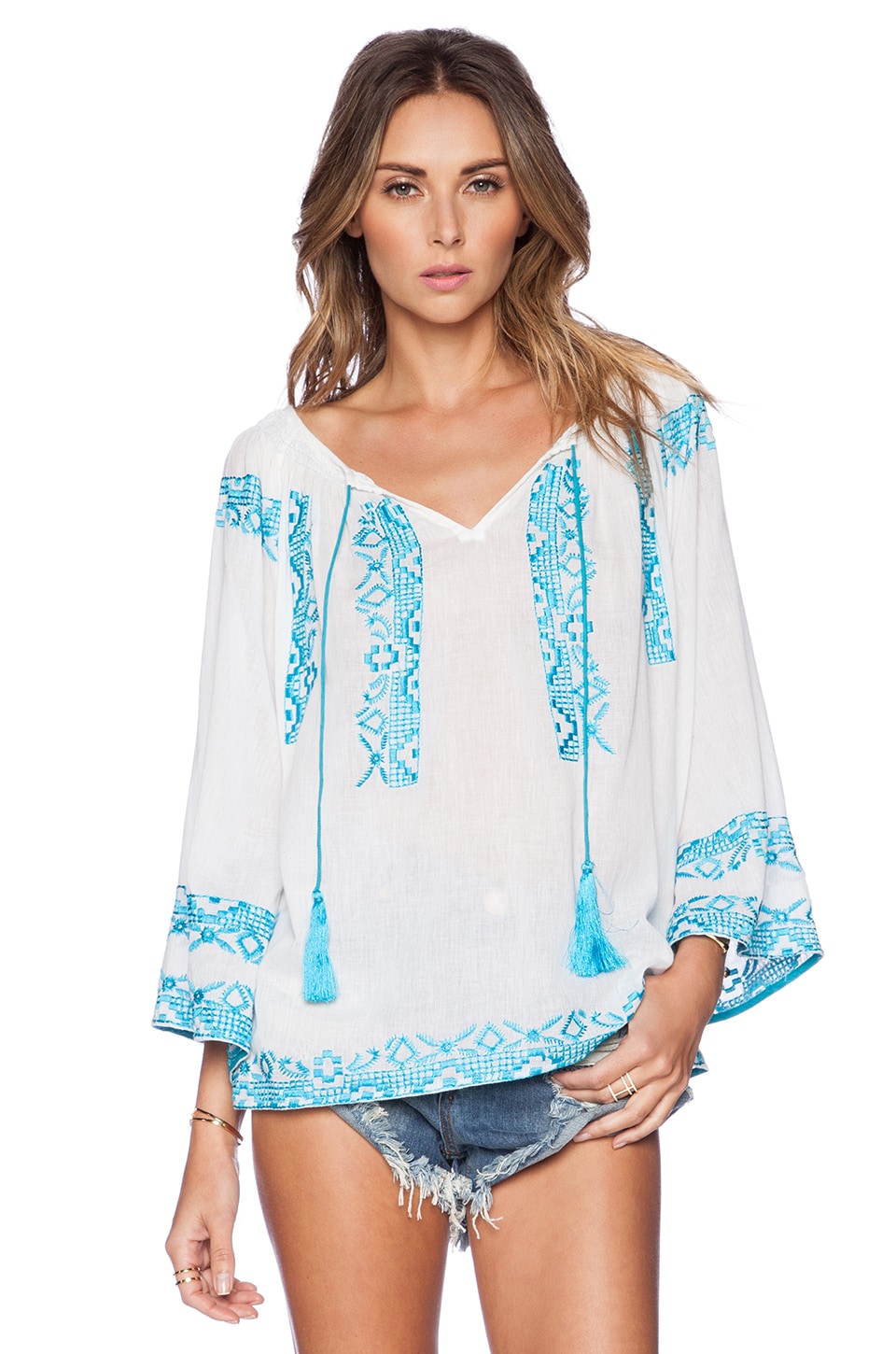 KAS New York Hana Blouse in White & Blue | REVOLVE