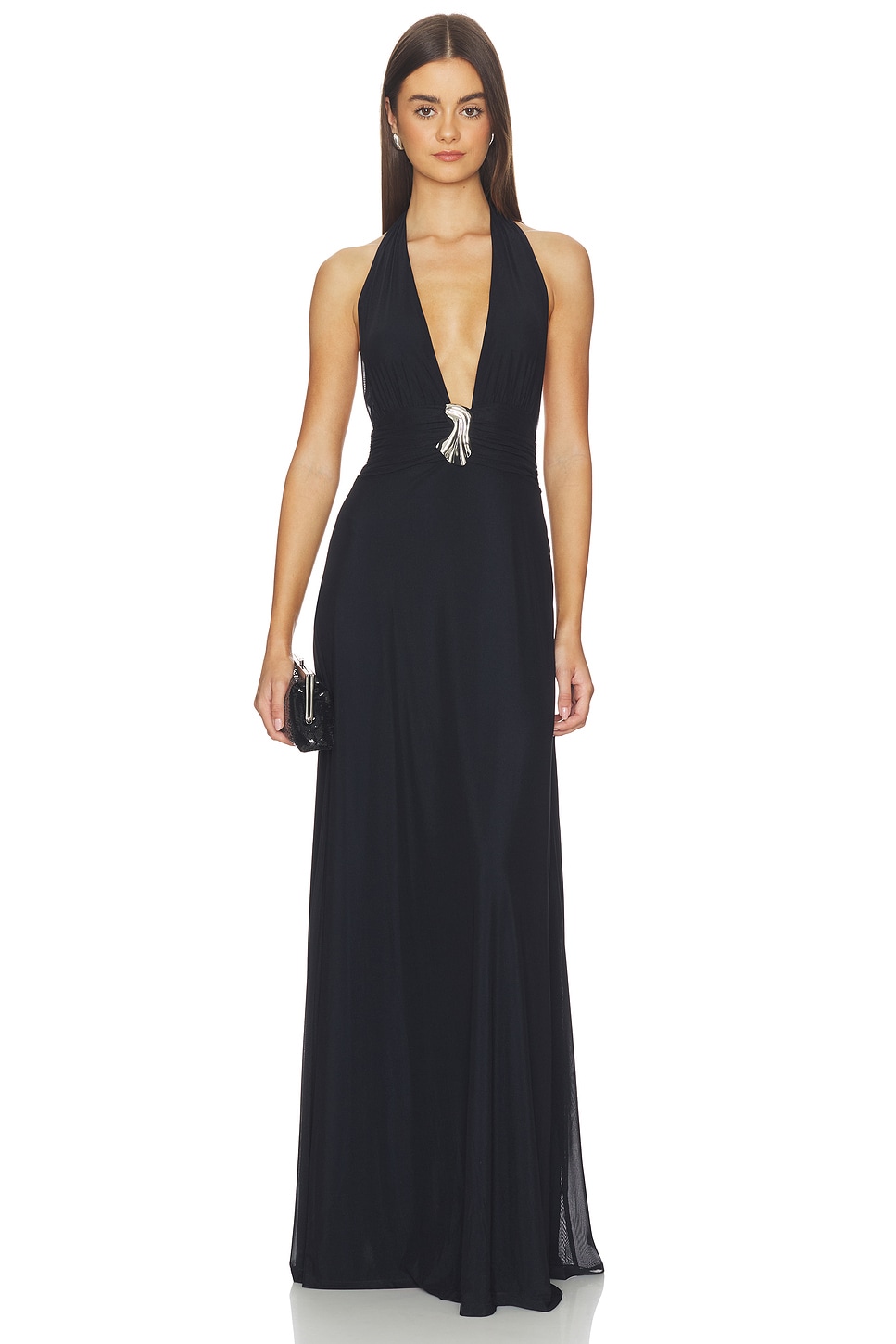 Kate Barton Plunge Neckline Mesh Halter Dress in Navy | REVOLVE