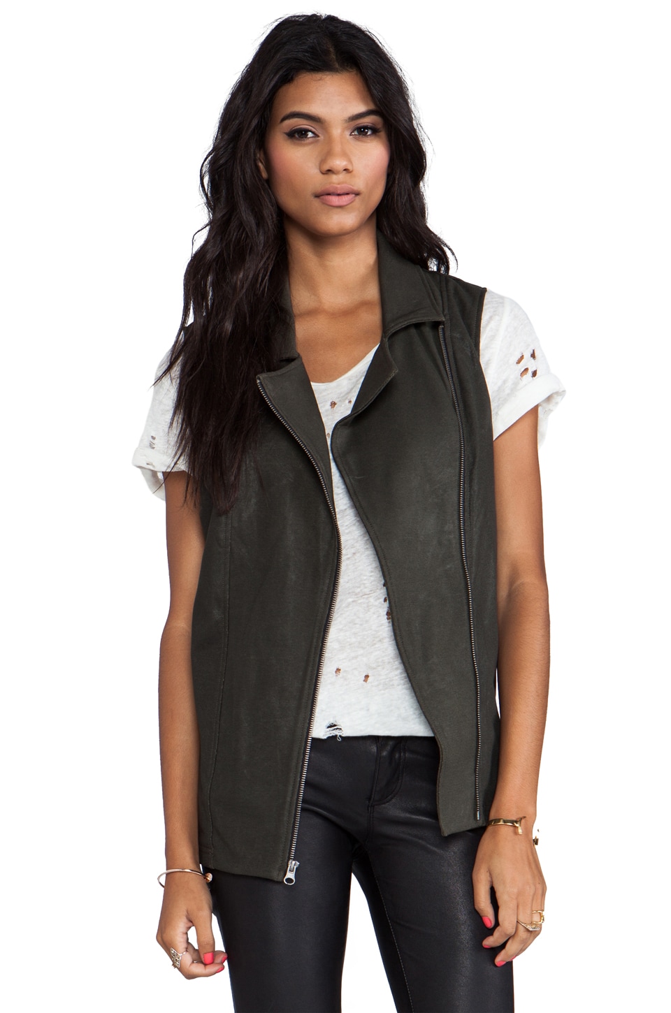 Krisa Coated Tunic Moto Vest In Olive Revolve