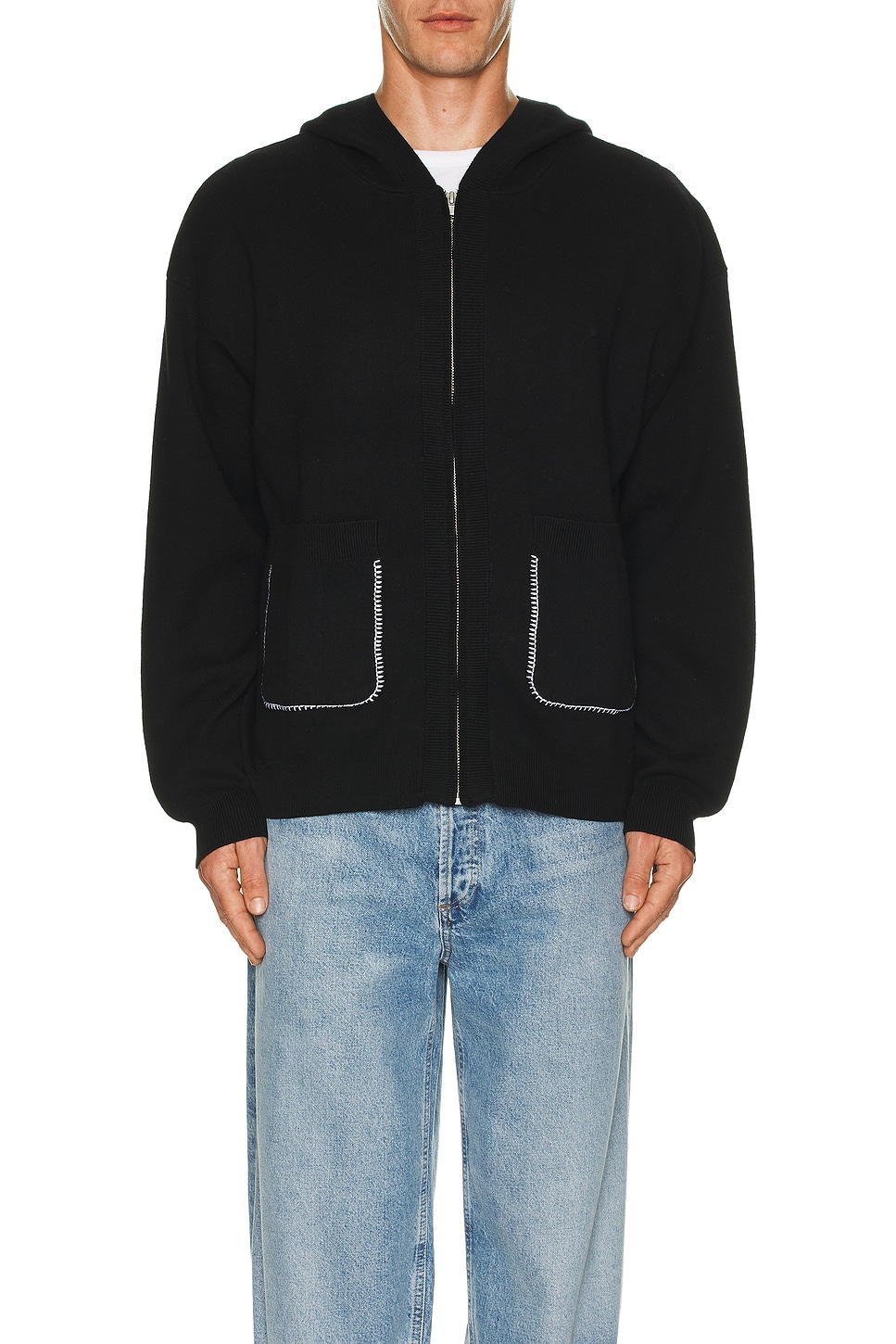 KROST Blanket Stitch Knit Zip Hoodie in Black | REVOLVE