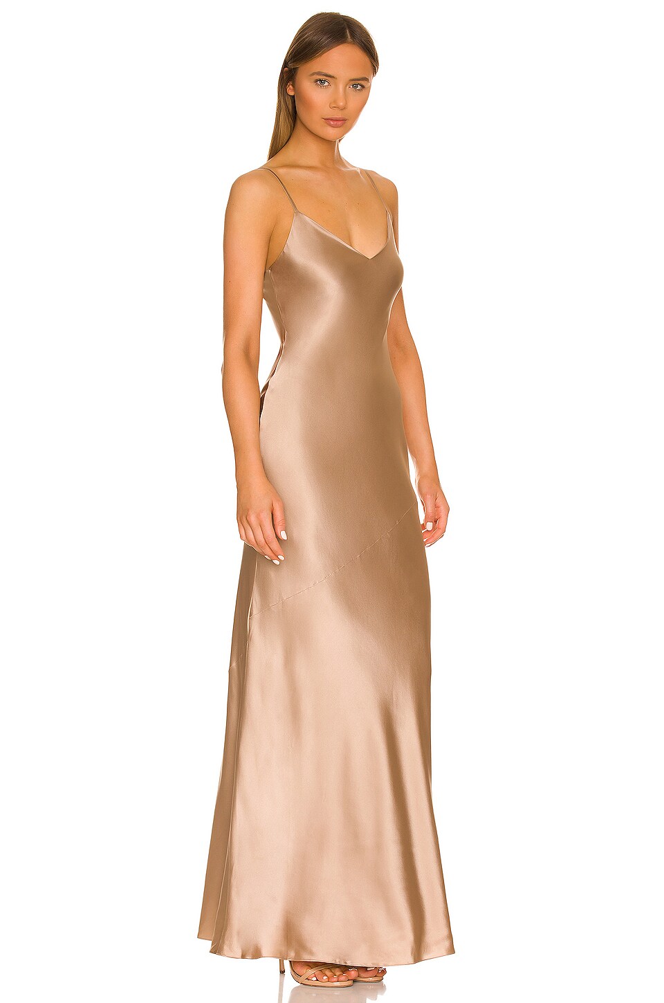 L'AGENCE Serita Maxi V Neck Bias Dress in Cappuccino