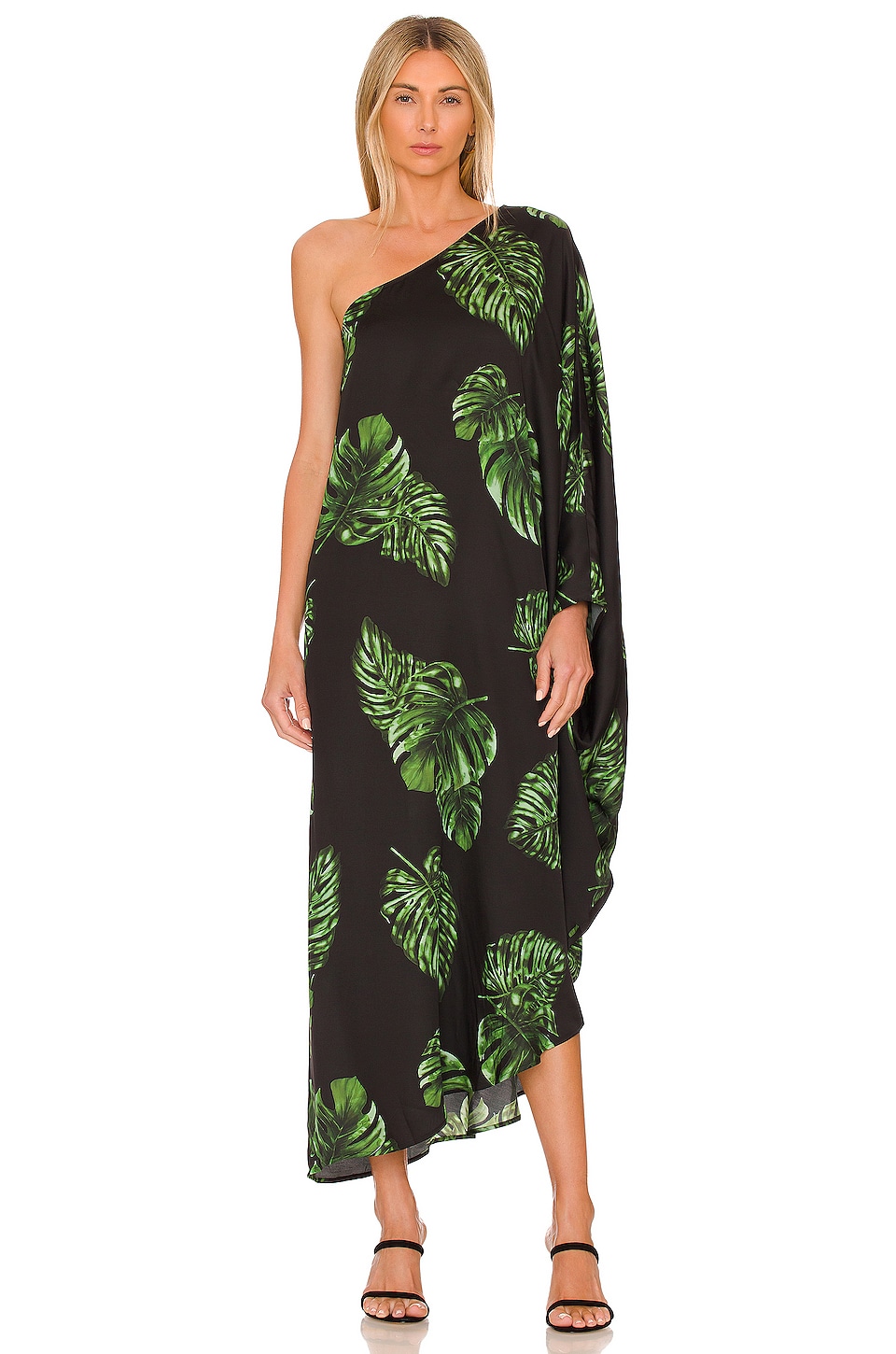 L'AGENCE Selena One Shoulder Dress in Black & Tropical Green Multi ...