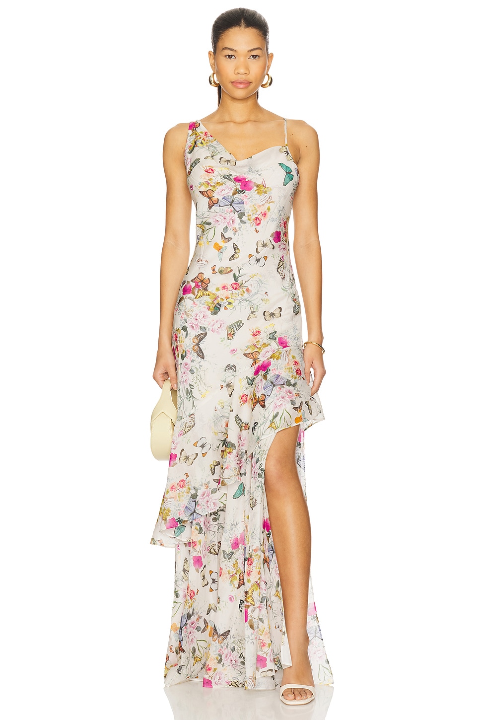 L'AGENCE Viola Cowl Neck Gown in White Charonda Butterfly