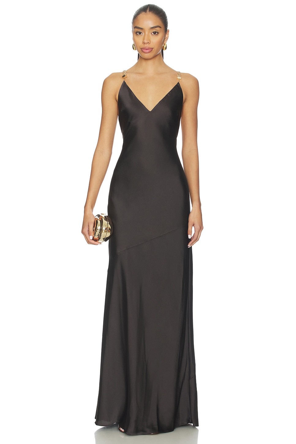 L'AGENCE Saint Beaded Strap Gown in Dark Brunette | REVOLVE