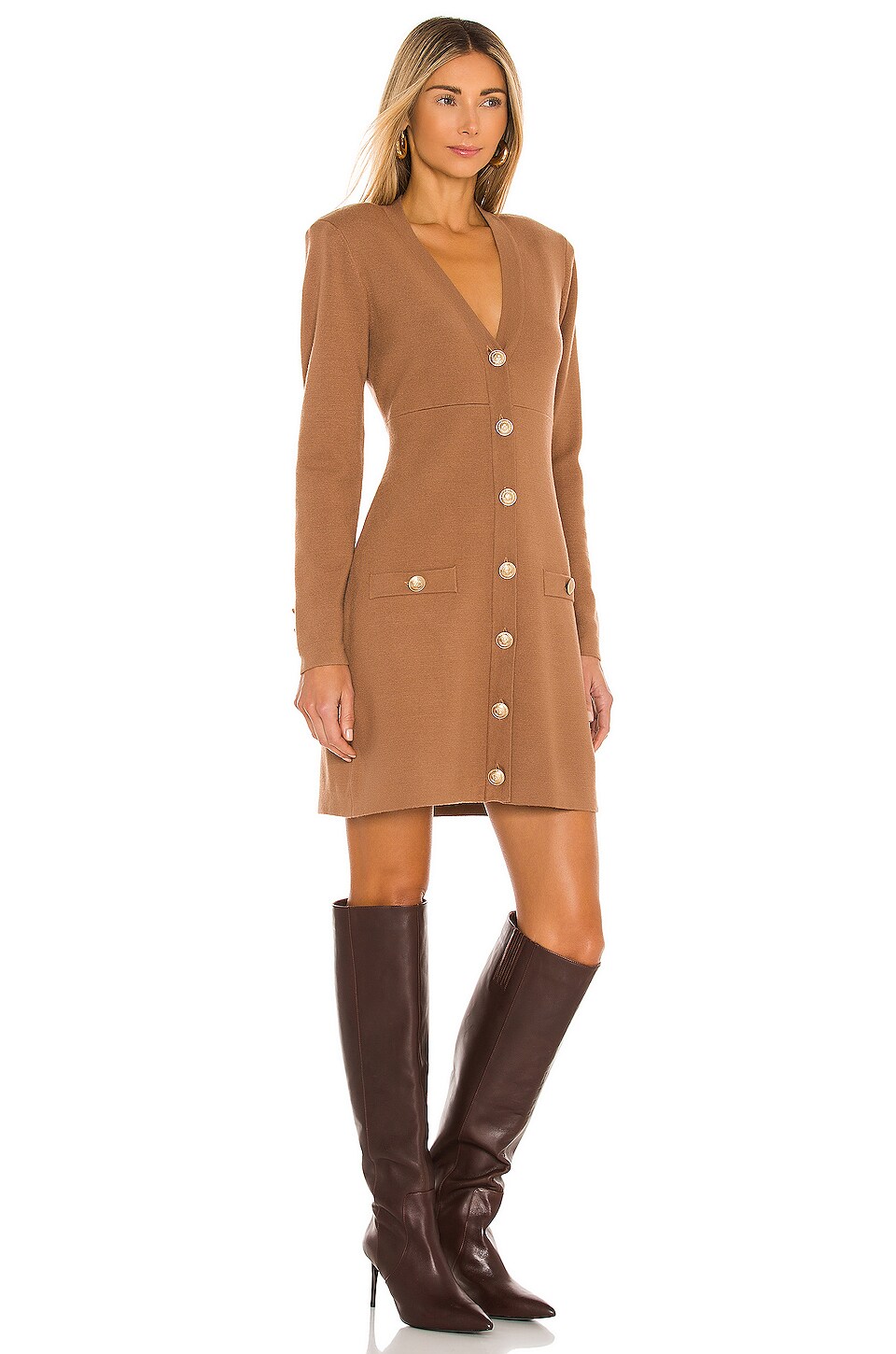 L'AGENCE Breanna V Neck Mini Dress in Dark Camel