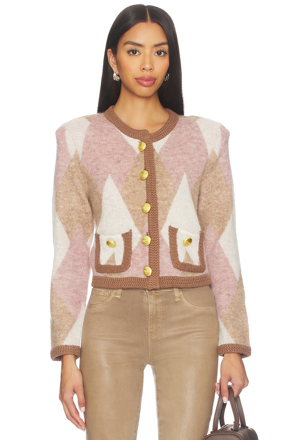 L'AGENCE Siobhan Fuzzy Argyle Cardi in Natural & Mauve Multi