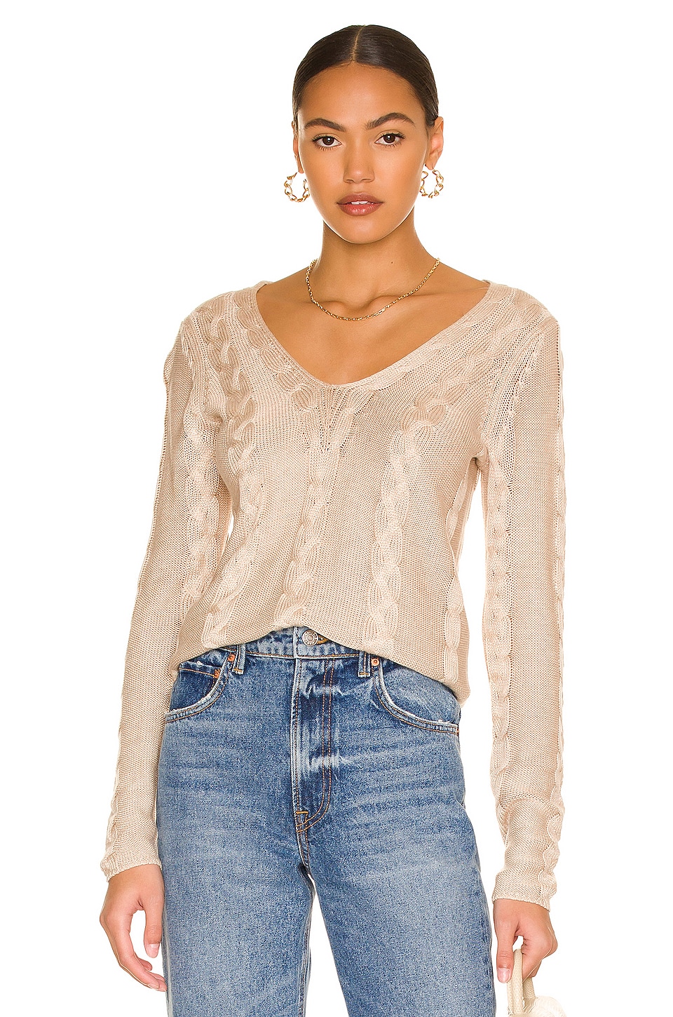 L'AGENCE Pia Cable V-Neck Sweater in Parchment | REVOLVE