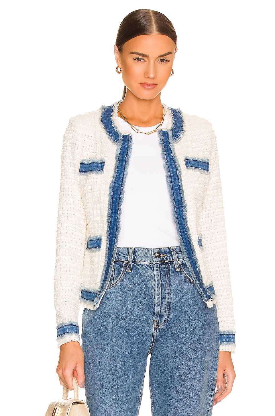 L'AGENCE Agnes Tweed Denim Jacket in Ivory & Pomona | REVOLVE